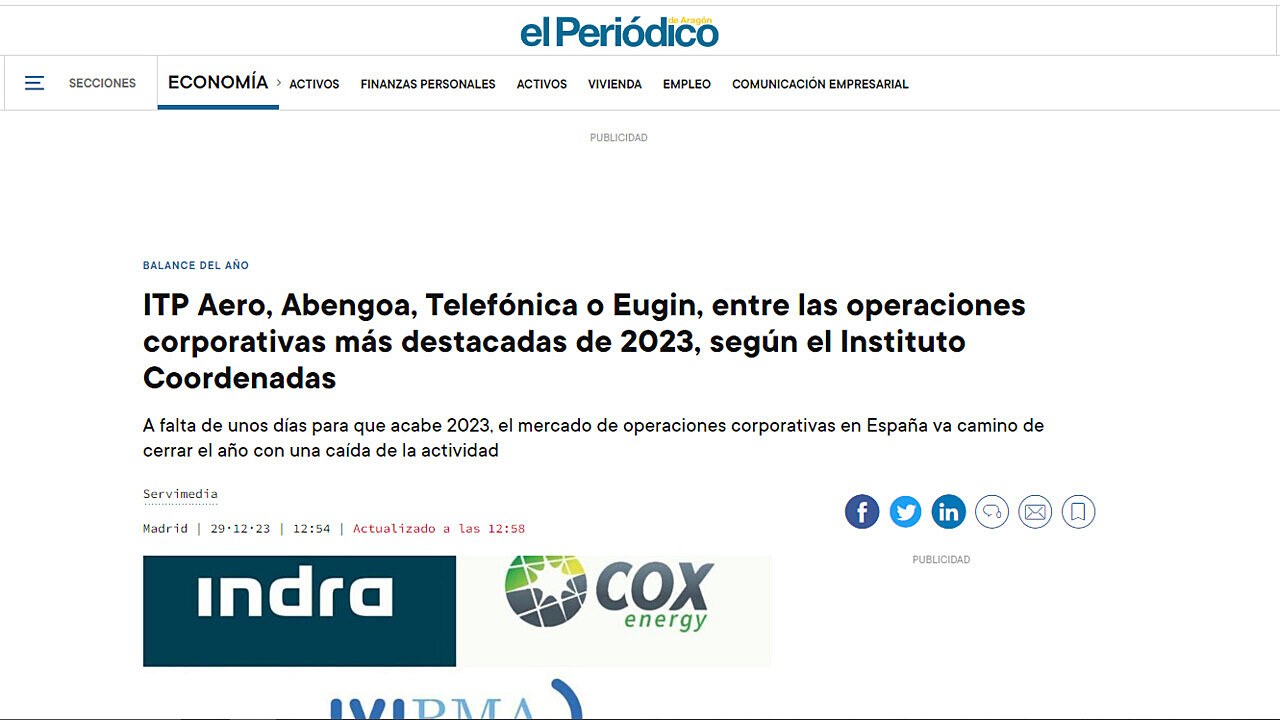 ITP Aero, Abengoa, Telefnica o Eugin, entre las operaciones corporativas ms destacadas de 2023, segn el Instituto Coordenadas